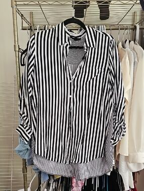 Jane and Delancey Black and White Striped Button-Down Shirt
